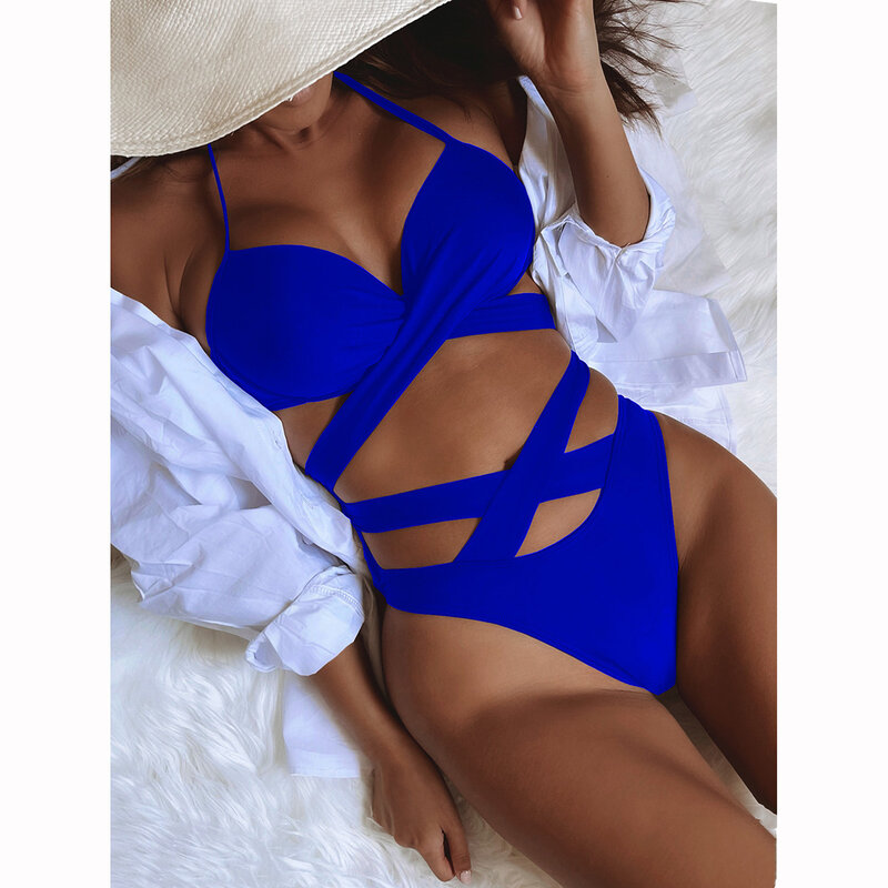 Bikini de realce para mujer, traje de baño Bandage unicolor, conjunto de Bikini brasileño de cintura alta, ropa de playa 2024
