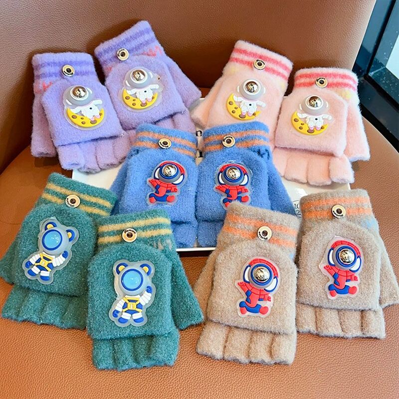 Astronaut Knitted Gloves Thickened Winter Warm Flip Half Finger Gloves Knitted Cartoon Children's Gloves For 4-10 Years Old