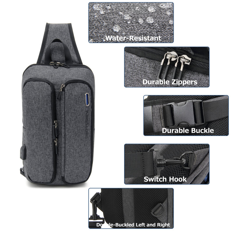 Borsa pettorale multifunzionale da uomo KINGSLONG Casual Sport all'aria aperta Multi tasca impermeabile con borse per Laptop con porta USB