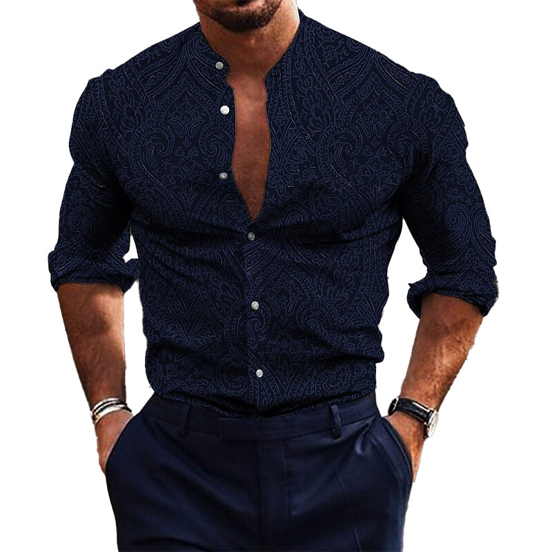 Fashion Stylish Shirt Party T Muscle Printed Band Collar Button Down Casual Fitness Long Sleeve Mens Holiday Party
