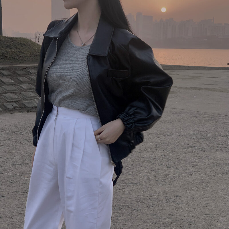 Giacca in pelle Pu Chic da donna primavera autunno Streetwear manica lunga con cerniera allentata capispalla in ecopelle