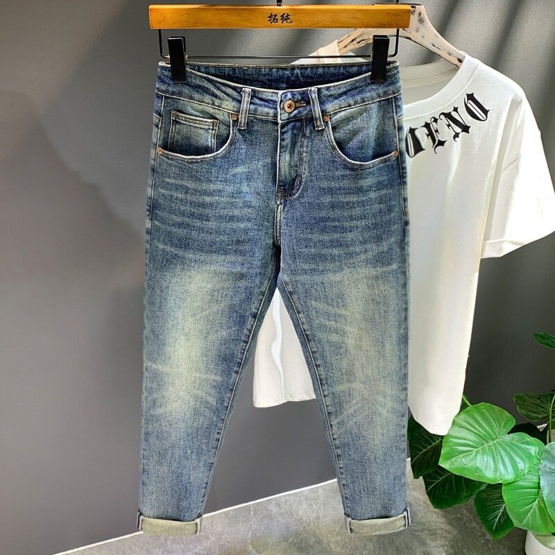 Street Fashion Jeans Heren Gepersonaliseerde Bedrukte Special Interest Design Modemerk Koreaanse Vervaagde Slanke Casual Broek