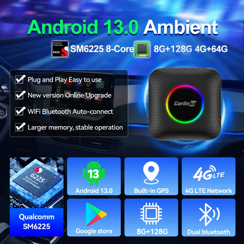 アンドロイド 13 LED CarlinKit CarPlay AI ボックスクアルコム SM6225 ワイヤレス CarPlay Android 自動スマートカーミニボックス 4 グラム LTE FOTA アップグレード 8 グラム 128 グラム