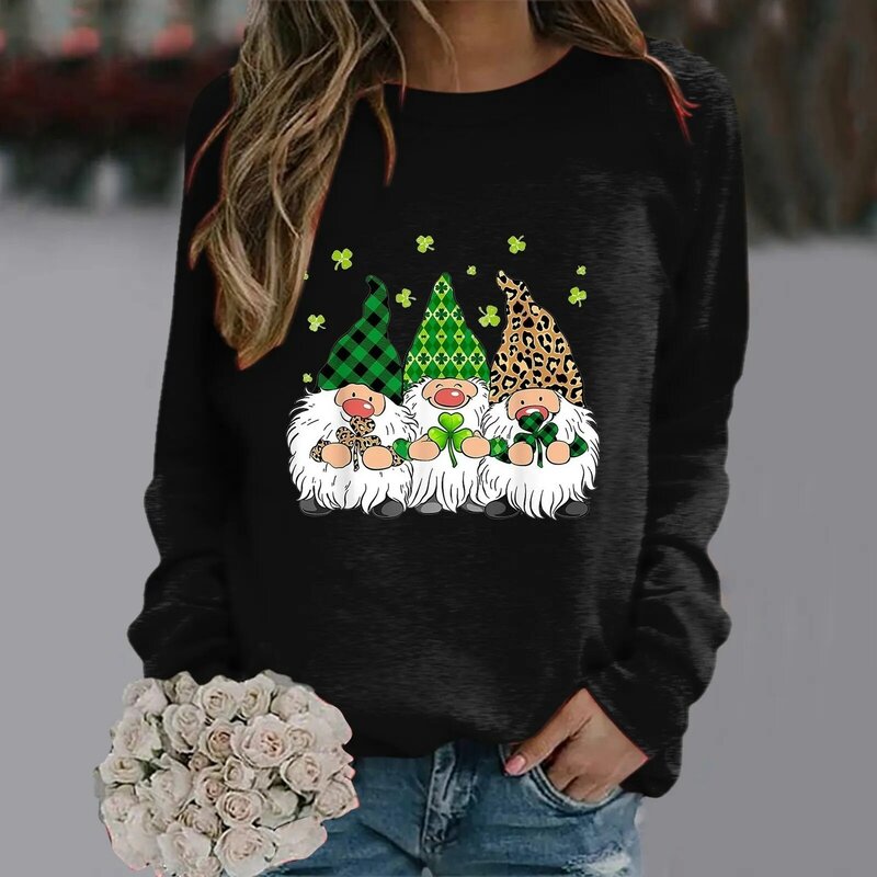 Ladies Crew Neck Hoodie St. Patrick's Day Pattern Printed Long Sleeve Crew Neck Pullover Tops Fashionable And Loose Sweatshirt