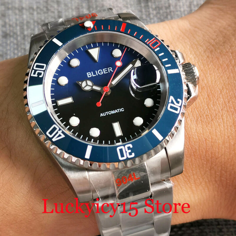 BLIGER jam tangan pria, gelang jam tangan pria pergerakan NH35A PT5000 otomatis satu arah, Bezel kuas abu-abu Dial biru
