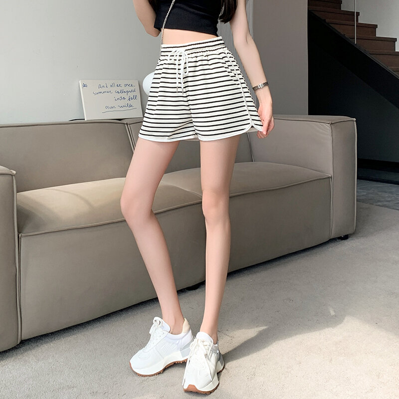 2023 Spring/Summer New Women's Fashion Stripe Waist Drawstring Korean Versatile Casual Straight Short Women's Sports Shorts