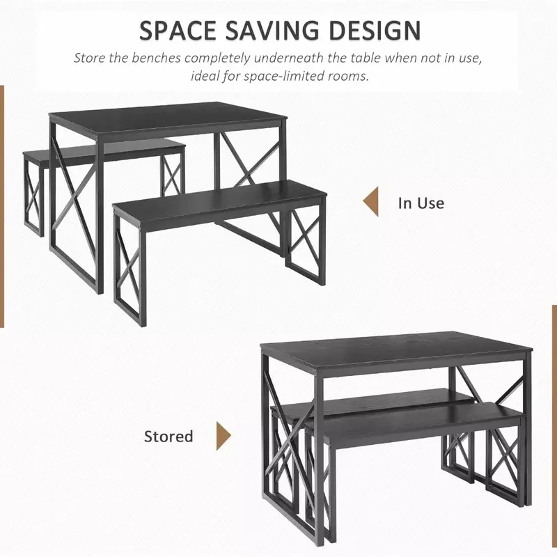 Mesa de cocina con 2 bancos para 4, juegos de comedor de madera con marco de Metal para desayuno y espacio pequeño, 43,3, negro