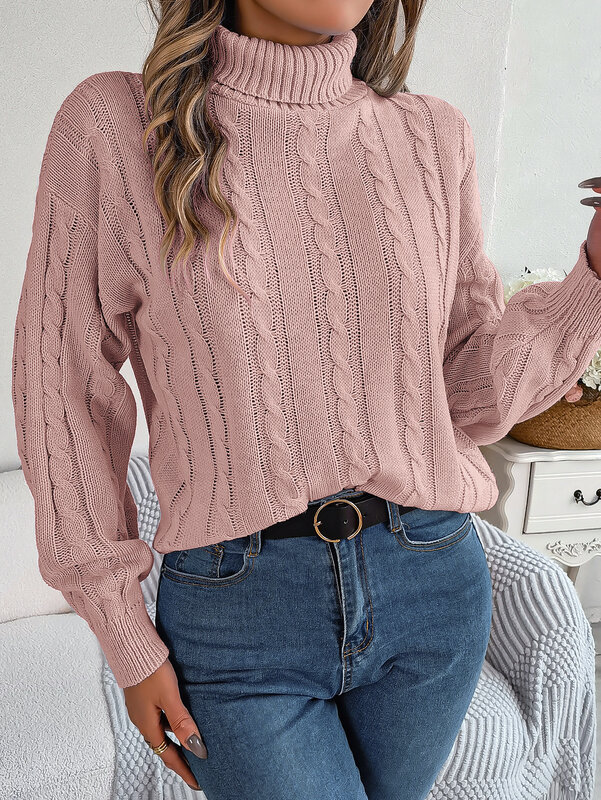 Autumn and Winter Sweater for Women Fashion New Casual Solid Color Twist Design Long Sleeve High Neck Long Sleeve Blouse