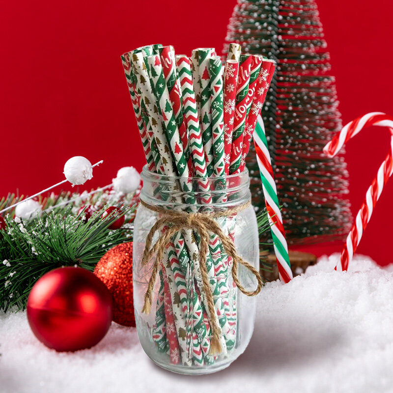 25 Buah Sedotan Kertas Natal Cetakan Warna-warni Sedotan Minum Kertas Sekali Pakai Perlengkapan Pesta Natal Tahun Baru Rumah
