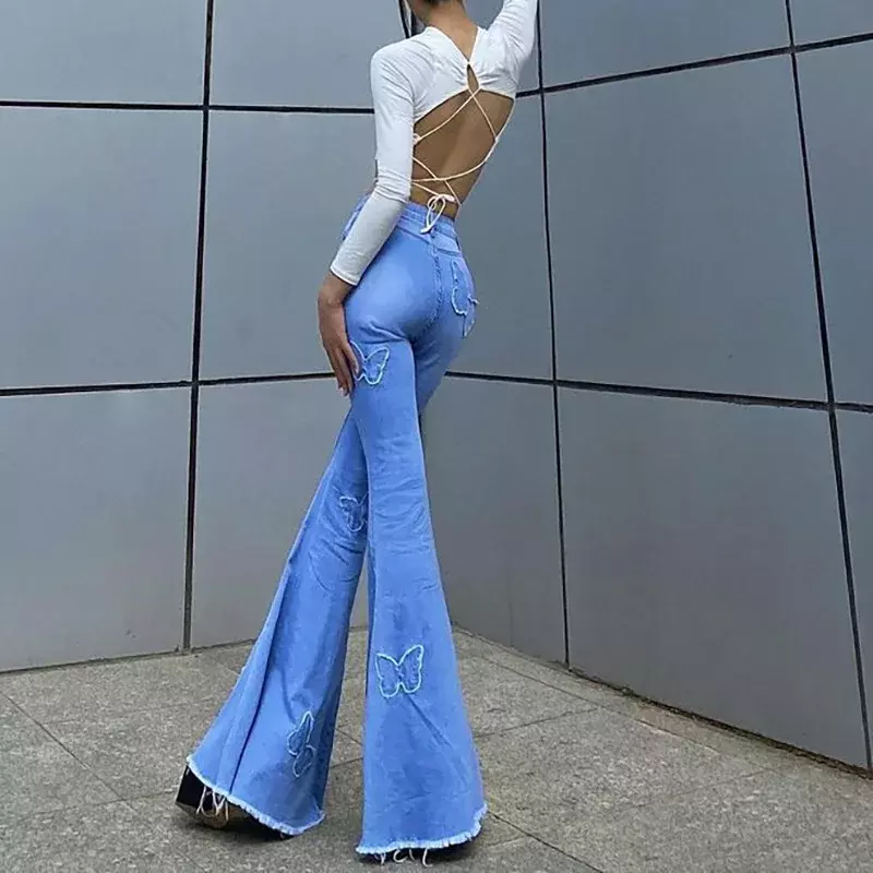 단색 나비 프린트 하이 웨이스트 가방, 힙한 캐주얼 데님 플레어 바지, 2024 가을 패션 스트리트 스타일 여성 바지