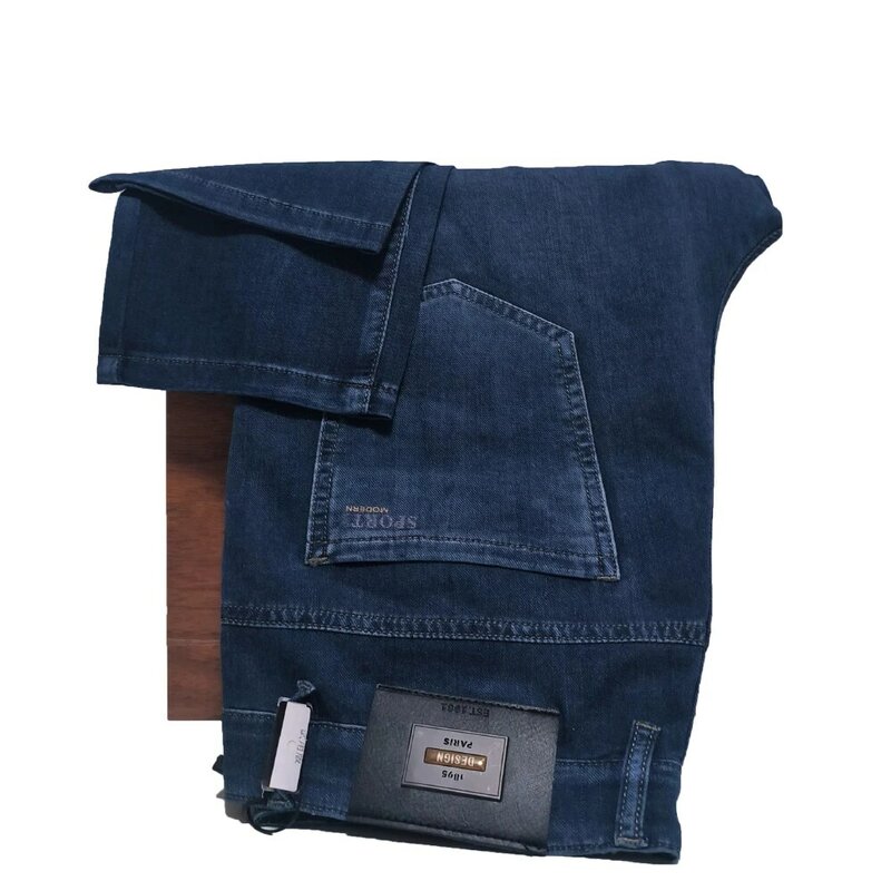 Celana panjang Jeans tipis untuk pria, celana panjang Denim lurus elastis, celana panjang ringan bahan kain kasual bisnis musim panas/Musim Semi