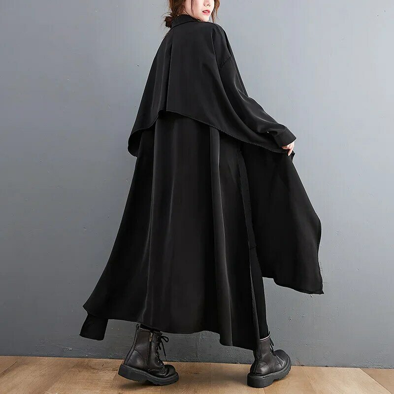 Robe Longue Noire en Mousseline de Soie pour Femme, Col Polo, Chemise Décontractée, Manches sulf, Tenue Fendue, Style Coréen