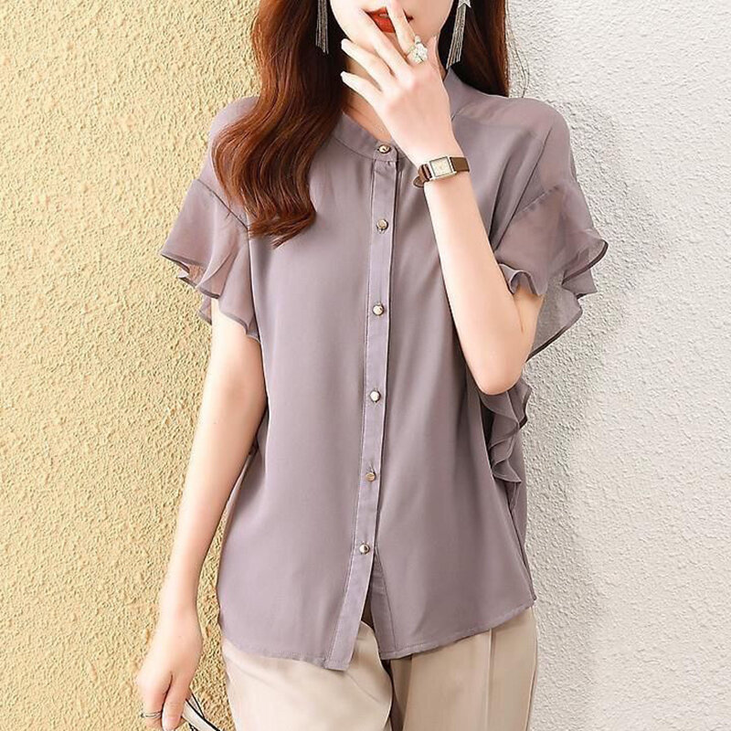 Blusa holgada de gasa con Manga mariposa para verano, camisa elegante de Color liso con botones y cuello redondo para mujer, 2024
