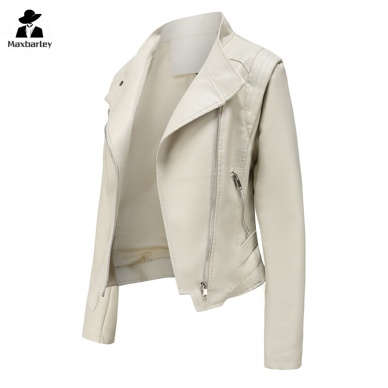 Jaqueta de couro PU feminina, casaco luxuoso com zíper, curto, fino, casual, moda rua, outono
