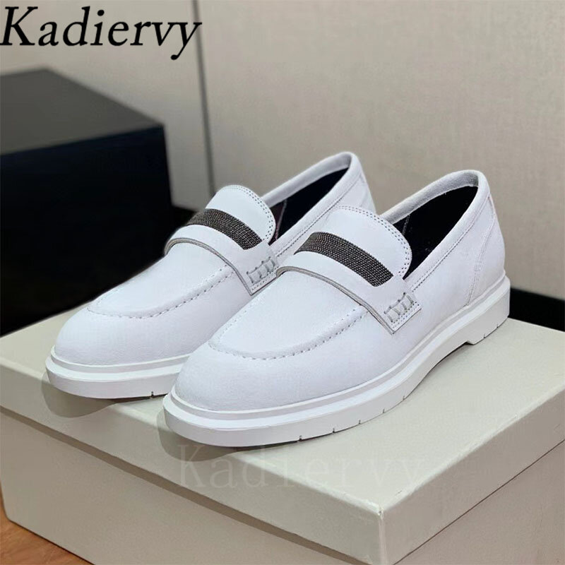 Classics Flat Shoes Women Luxury Cow Suede Chain String Bead Round Toe Slip-on Walk Shoes Female Casual Comfort Loafers Woman