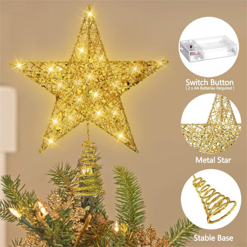 Adornos de árbol de Navidad con purpurina, adorno de estrella iluminado con 20 luces LED, decoraciones de árbol de Navidad, decoración interior de fiesta de vacaciones
