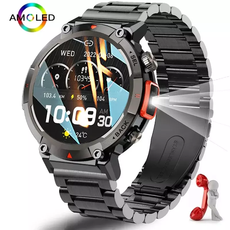 New Outdoor Smart Watch For Men With Flashlight 100+ Sports Fitness Watch Bluetooth Call Health Monitoring Waterproof Smartwatch