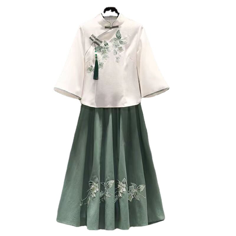 Oversized Women's Summer Butterfly Sweet Chinese Suit Embroidered Top Suit Hanfu Blouse Skirt Two-piece Set Large Size