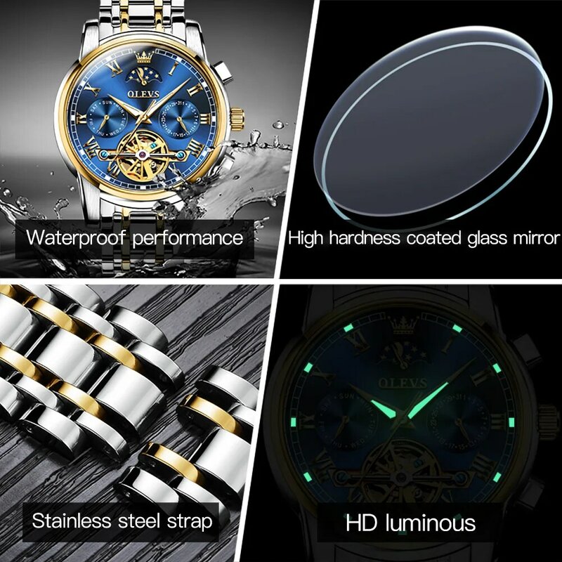 OLEVS Top Men's watches Moon Phase Calendar Week Fully Aautomatic Mechanical Watch Waterproof Luxury Original Male Wristwatch