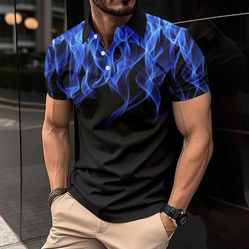 男性用3D炎プリントラペルTシャツ,半袖トップス,カジュアルな毎日のTシャツ,動物服,夏