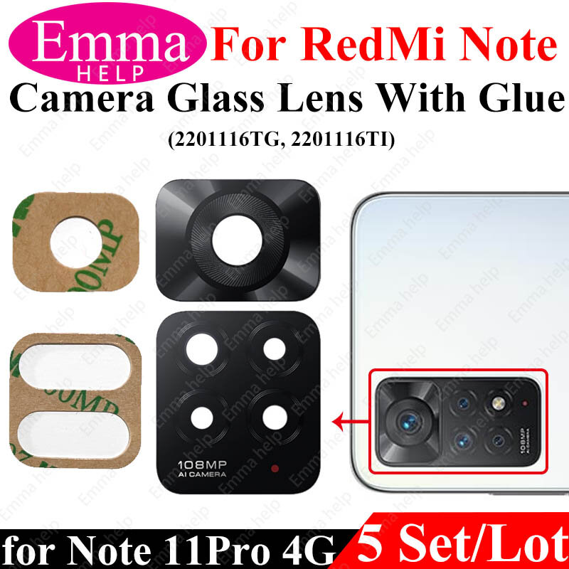 5pcs obiettivo posteriore per fotocamera posteriore per Xiaomi Redmi Note 10 Pro Max 11T 10T 10S 11 9Pro 7 8 T obiettivo in vetro per fotocamera con adesivo