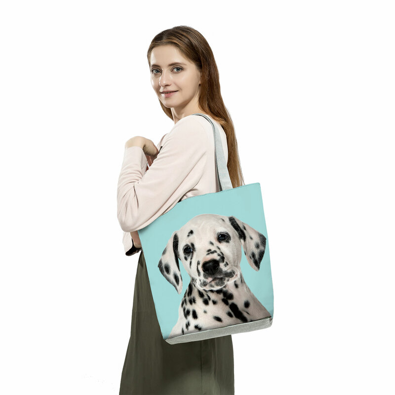 Tas tangan wanita gambar anjing kucing, tas bahu wanita motif hewan, tas belanja kapasitas tinggi dapat dilipat kasual pola kustom wanita