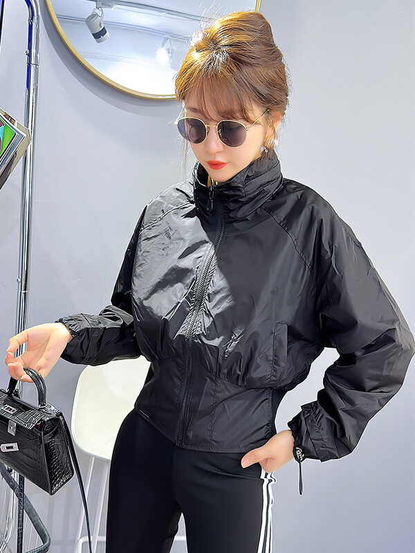 Jaqueta de proteção solar de manga longa feminina, casaco fino, gola alta, roupas de primavera e verão