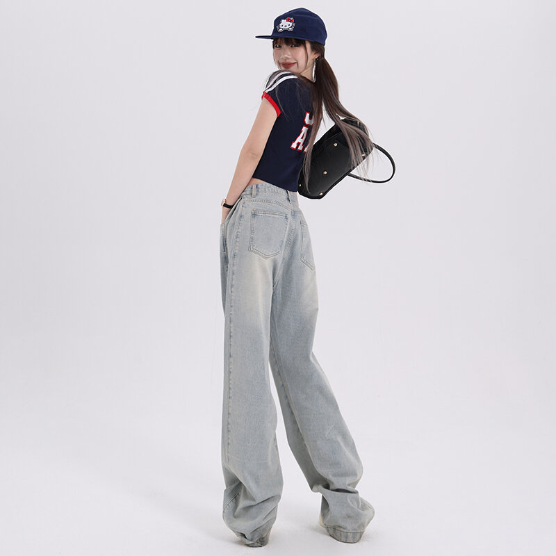 Jeans lurus serbaguna wanita, celana Denim pinggang tinggi Streetwear kaki lebar longgar untuk perempuan 2024