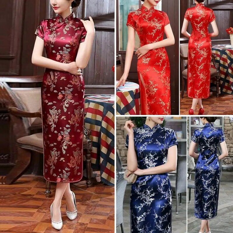 Robe Cheongsam chinoise élégante pour femmes avec broderie florale, col montant, coupe couvertes, Qipao soyeux pour l'été