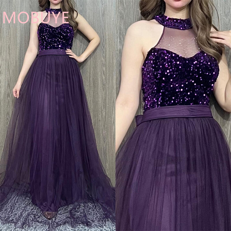 Mobuye 2024 beliebte Neck holder Ausschnitt Ballkleid knöchel lang mit ärmellosen Abend mode elegantes Party kleid für Frauen