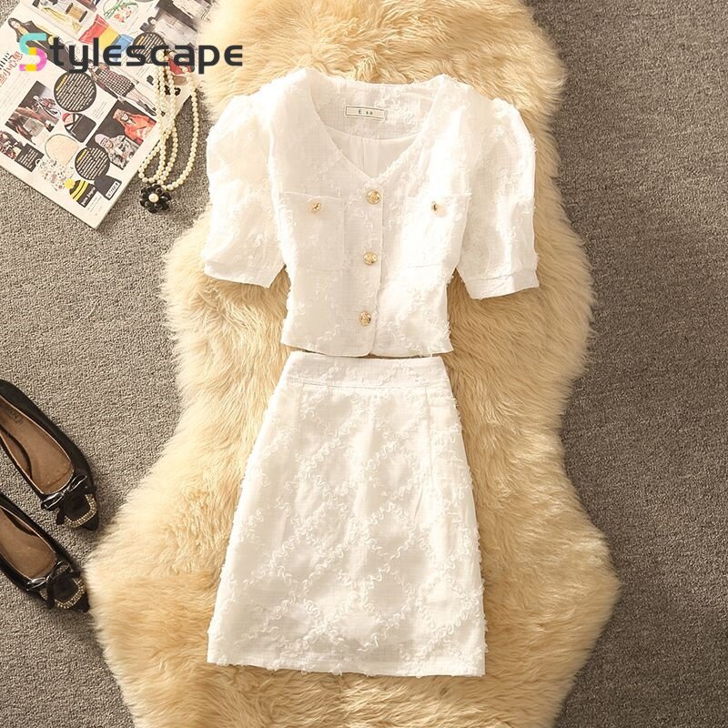 2024 Summer New French Lace V-neck Bubble Sleeve Shirt High Waist Half Body Short Skirt Two Piece Set for Women Short Sets