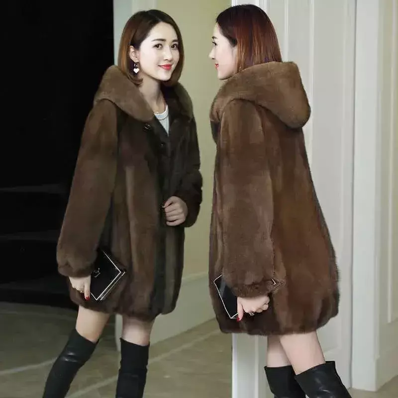 Mantel bulu imitasi bertudung wanita, mantel bulu Mink imitasi beludru, mantel Mink longgar Korea pakaian luar tebal panjang musim gugur musim dingin