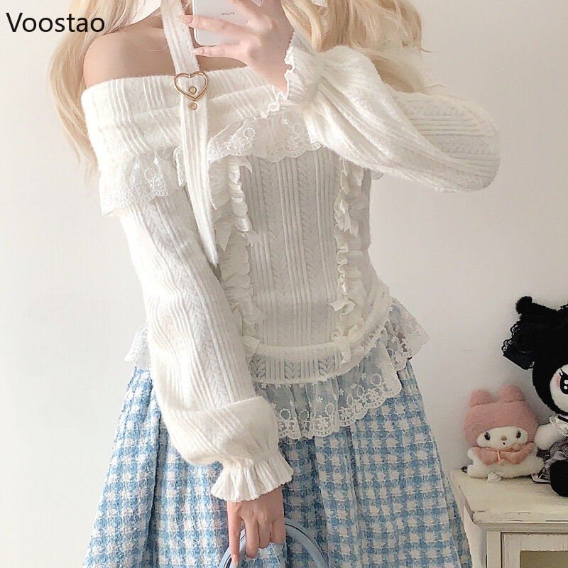 Słodka styl Lolita w stylu Vintage dziergany sweter dziewczynek urocza głęboki dekolt kokardka koronkowe falbany klamerka w kształcie serca sweter damski bluzki z dzianiny