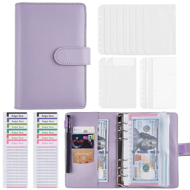 Novo a6 binder caderno planejador de orçamento notebook cobre pasta 6 buraco bolsos pasta de plástico com zíper de poupança de dinheiro envelope
