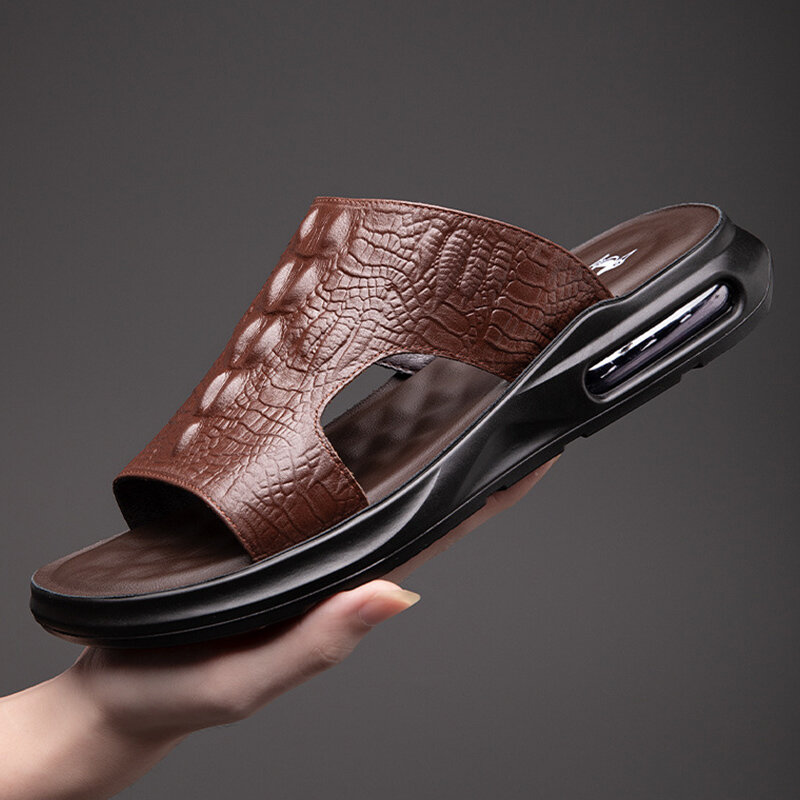 Zapatillas de cuero de microfibra para hombre, sandalias de cuero antideslizantes, zapatos de calle de calidad, zapatillas de ocio ligeras, Verano