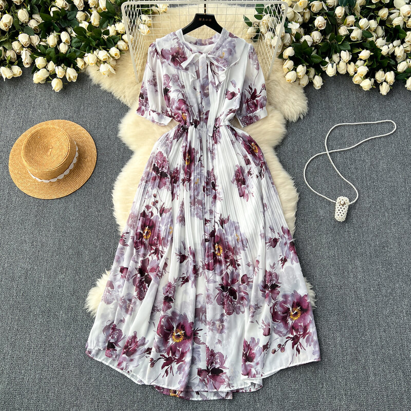 French Vintage Elegant Puff Short Sleeve Lapel  Print  Dress Vacation Dress Women Fashion Summer Spring Vestidos