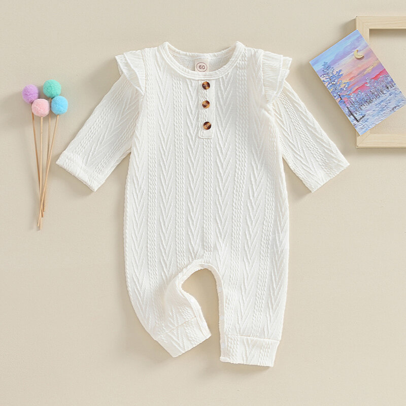 Newborn Baby Girl Ribbed Jumpsuit Long Sleeve Ruffled  Coming Home Outfit Solid Color Fall Clothes