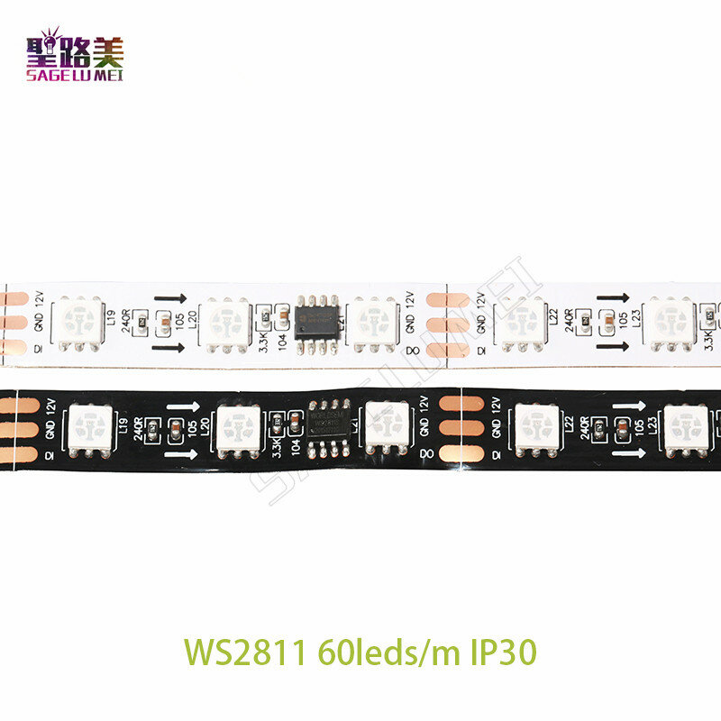 5M/Gulungan DC12V WS2811 Led Piksel Programmable Led Strip 30/48/60 Led/M, ws2811IC 5050 RGB SMD Putih/Hitam PCB Led Strip Lampu
