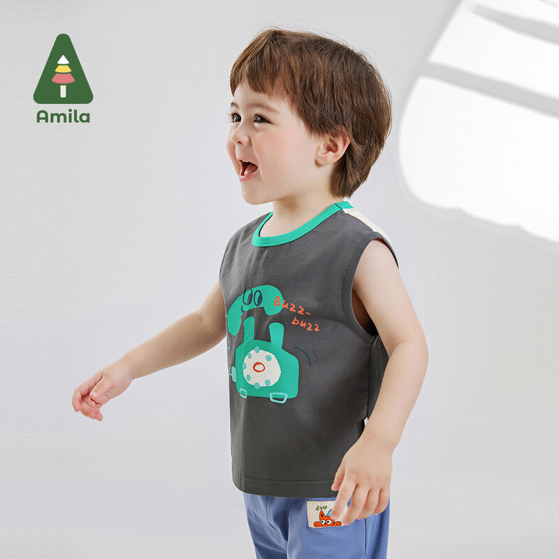Amila-Camiseta deportiva de algodón para niños, chaleco sin mangas a rayas con contraste de Color, estampado de dibujos animados, novedad de verano 2024