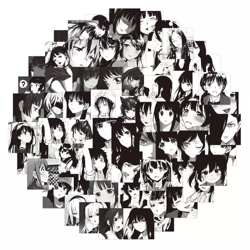 Adesivo impermeável feminino cabeça graffiti, personagem de desenho animado japonês, decoração de conta de mão, preto e branco, atacado, 10 pcs, 30 pcs, 50pcs