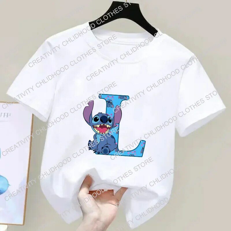 Stitch T-shirt Children Letter A B C D Name Combination Kawaii Anime T Shirts Cartoons Casual Clothes Tee Shirt Kid Girl Boy Top
