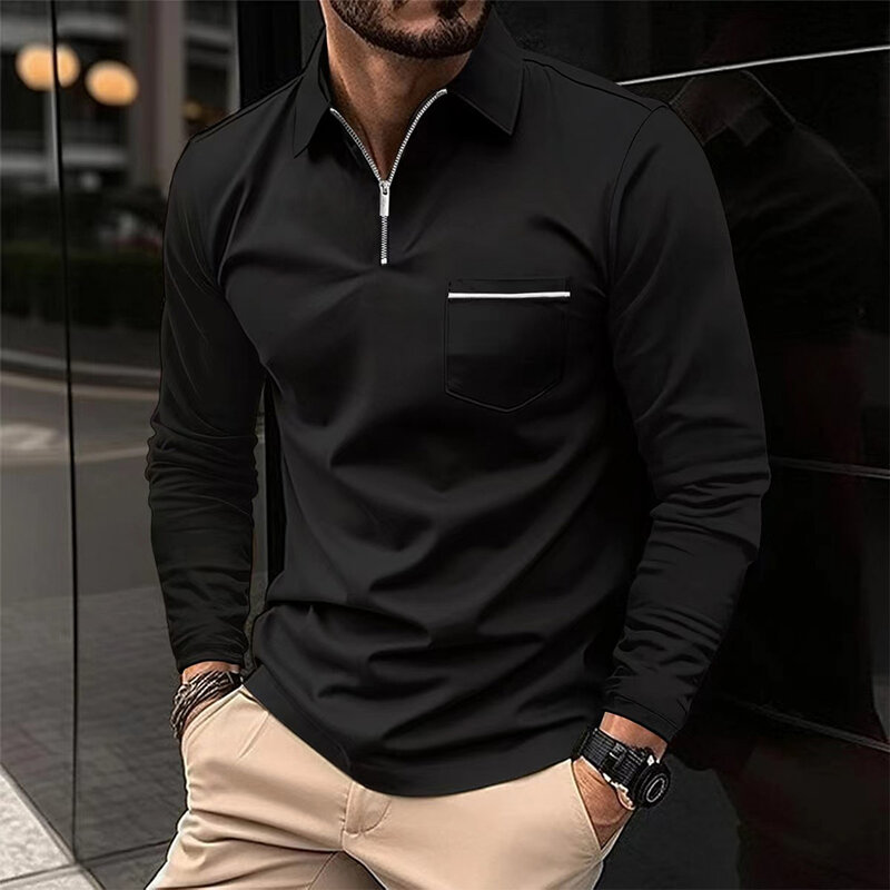Chemise zippée à manches longues pour hommes avec poche, chemises décontractées légères, chemise de sport à séchage rapide, t-shirt d'équipe d'affaires monochrome, automne