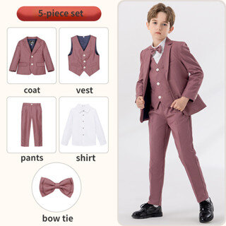 (Płaszcz + spodnie z elastyczną gumką w pasie + kamizelka + koszula + muszka) komplet garniturów dla chłopców, różowy ubranie dla dzieci, garnitur weselny dla dzieci, dzieci strój wieczorowy komplet garniturów