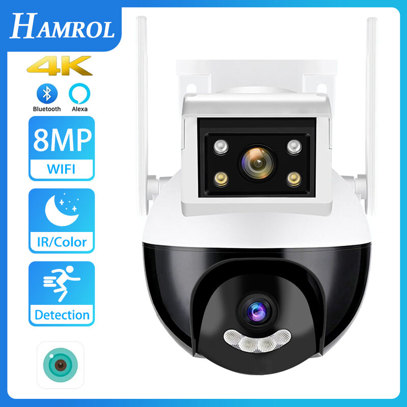 Hamrol 8MP 4K กล้อง Wifi PTZ สองเลนส์ใหม่หน้าจอคู่ H.265การตรวจจับมนุษย์กลางแจ้งความละเอียด HD 4MP กล้องป้องกันความปลอดภัย icsee