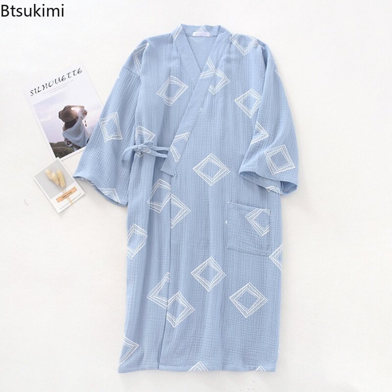 Heren Katoenen Crêpe Doek Pyjama Gewaad Japanse Kimono Cardigan Nachtkleding Print Home-Layer Gaas Comfort Badjas Voor Heren