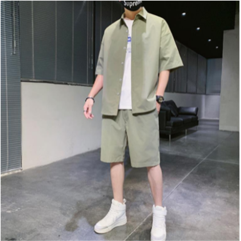 Set kasual pria, pakaian olahraga es tipis musim panas, celana pendek lengan pendek tampan versi Korea modis dan trendi H0006