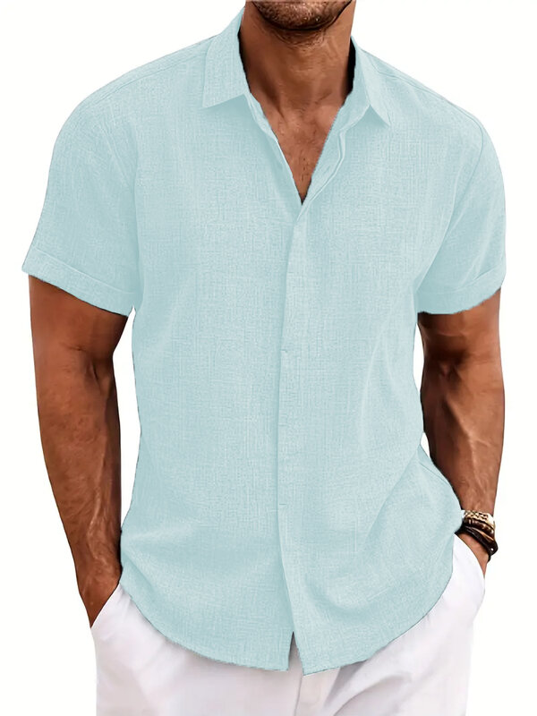 Новинка 2024, Лидер продаж, мужская рубашка с коротким рукавом, летняя однотонная Модная Повседневная пляжная рубашка в стиле high street с отворотом и скрытой пряжкой
