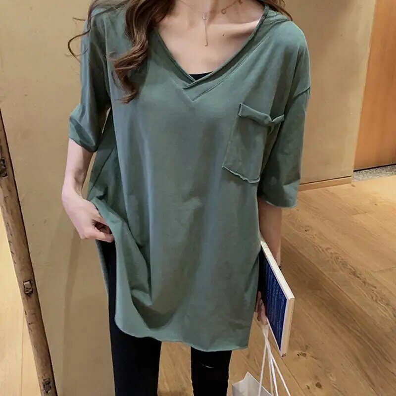 Moda scollo a v tinta unita t-Shirt Casual abbigliamento donna 2024 estate nuovo oversize tutto-fiammifero coreano top t-Shirt allentata