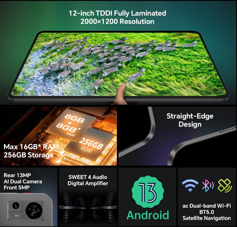 Teclast T60 планшет на Android 14, восемь ядер, экран 12 дюймов, 8 ГБ + 12 Гб