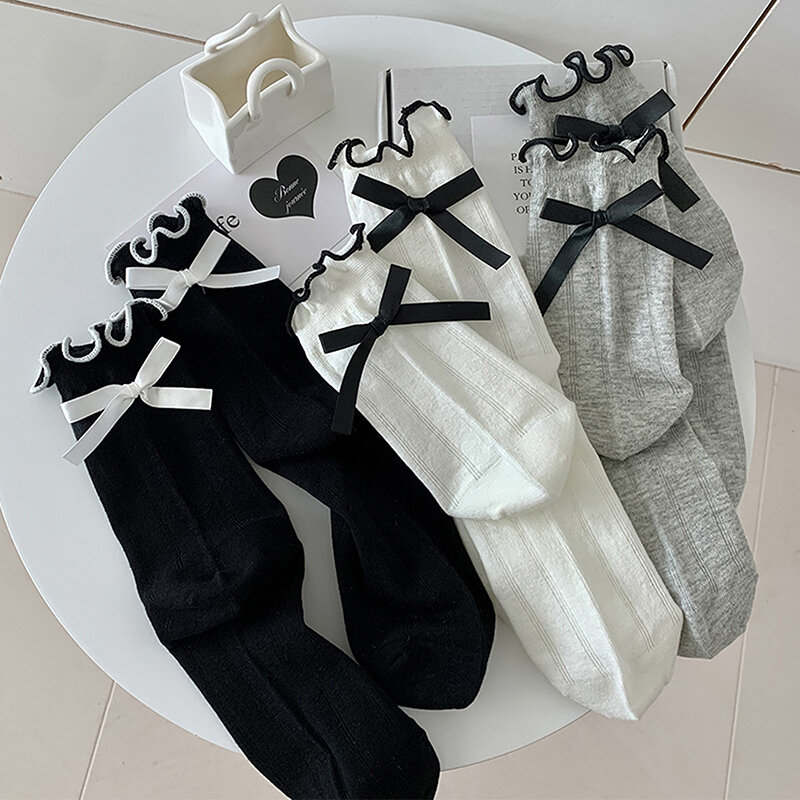 Kawaii Socks Cute Bowknot Lolita Sweet Girls Cute Ruffle Socks Women JK Japanese Style Solid Color Socks